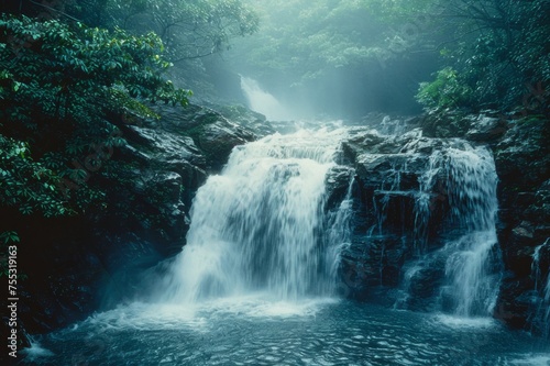 Waterfall in tropical forest, high angle, rainy season