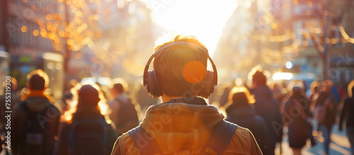 young people listening music with headphone in crowded people photo