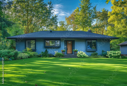 A blue house with green grass and trees in front of it, Washington state real estate photography