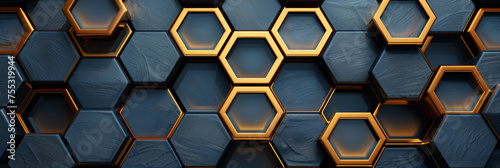 Dark hexagonal  abstract technology pattern. Gray dark  gold  black colors. Hexagonal  gaming tech  background.  Geometric surface with a modern minimalist aesthetic
