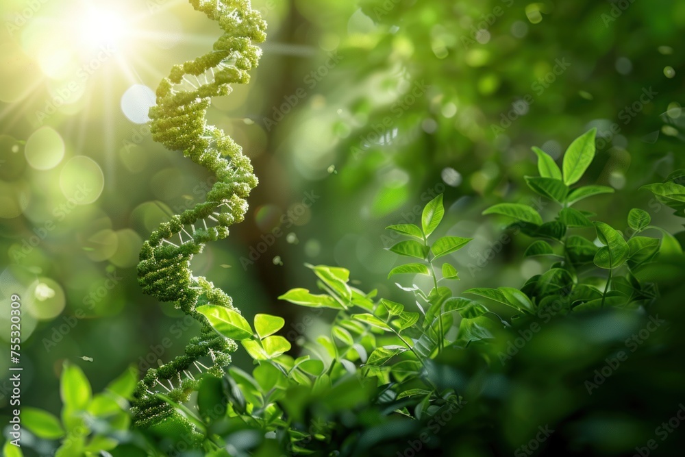 Sustainable Genetics: The Crucial Role of Green DNA in Environmental Balance. Plant's DNA helix as an essential part of the sustainability puzzle