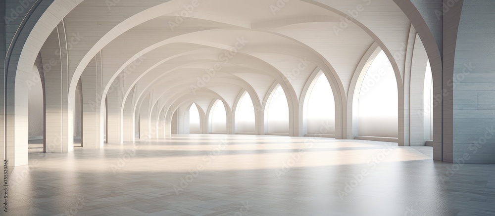 A large white room with elegant arches and windows, creating a bright and airy atmosphere. The architecture features clean lines and a minimalist design, emphasizing the sense of space and light