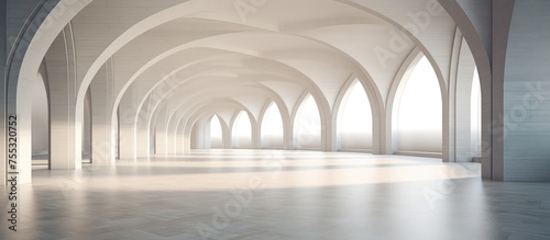 A large white room with elegant arches and windows  creating a bright and airy atmosphere. The architecture features clean lines and a minimalist design  emphasizing the sense of space and light
