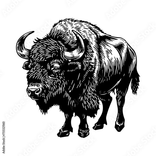 African Buffalo in linocut textured style. Isolated on white background vector illustration