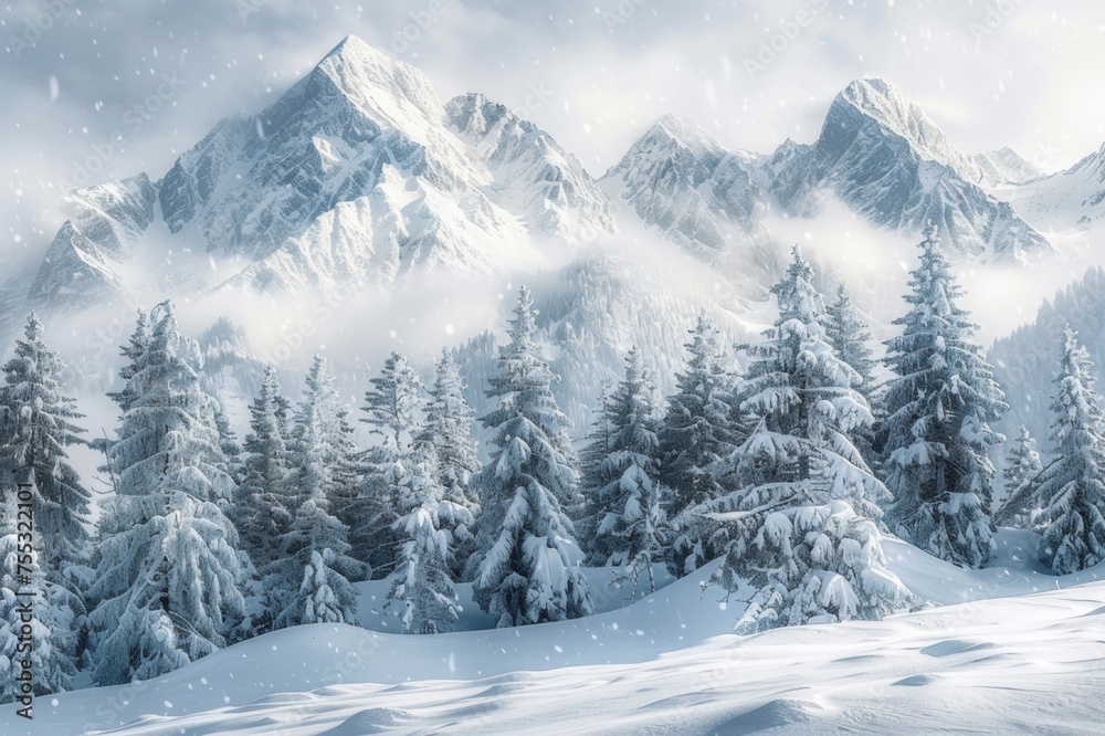 Snow-capped peaks with alpine trees Snow-capped peaks with alpine trees
