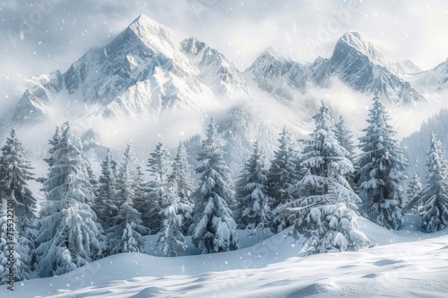 Snow-capped peaks with alpine trees © wpw
