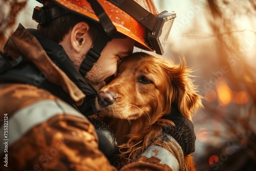 A fireman tightly hugs a golden retriever dog that he rescued from a fire. Hero rescued pet, pet protection, safety. Firefighters Day photo
