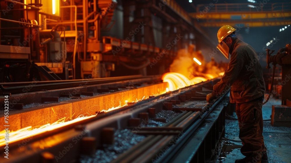 Workers carefully measuring and inspecting the quality of the steel as it moves through the production line.