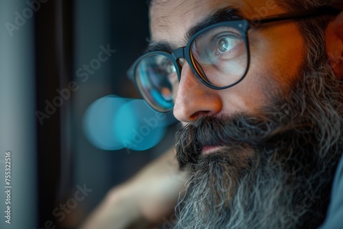 Generative AI image of a Bearded Man with Glasses and Glasses Sitting Next to the Computer