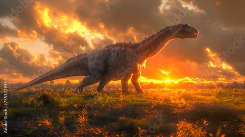 Dinosaur in the field at sunset