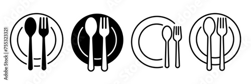 Set menu catering, restaurant, spoon, fork, knife and plate icon set in line. Tableware Vector illustration