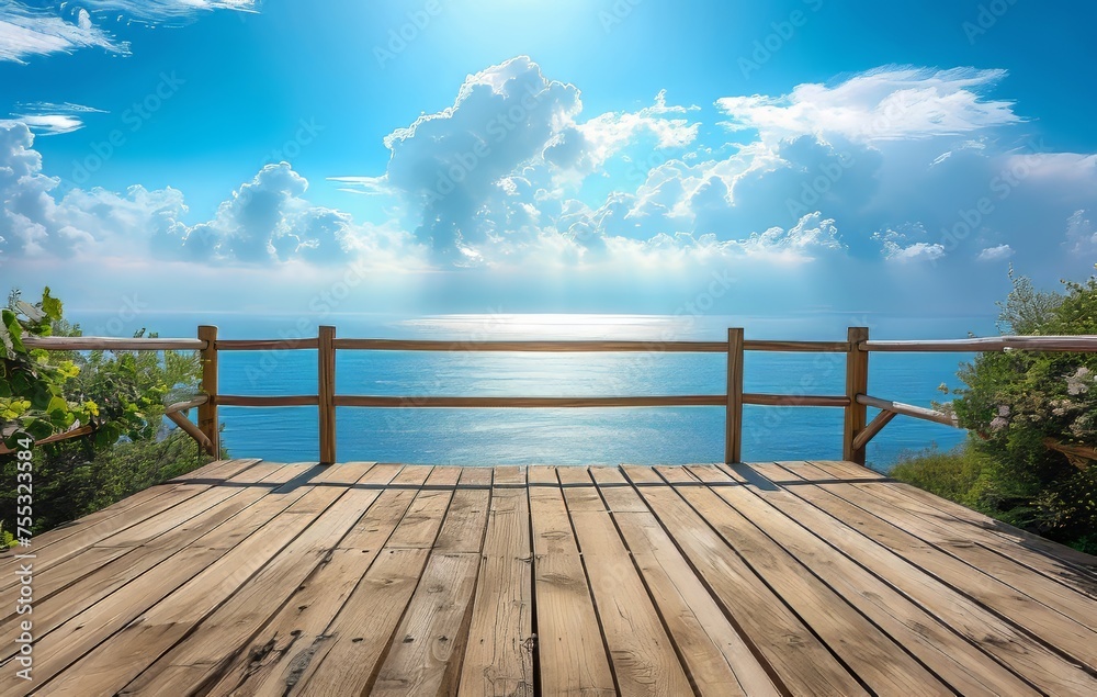 Generative AI image of Wooden Deck Overlooking the Serene Ocean