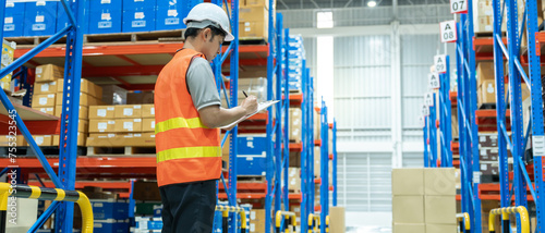 Fotografi Asian male factory inspect goods in warehouse or inventory and check stock product