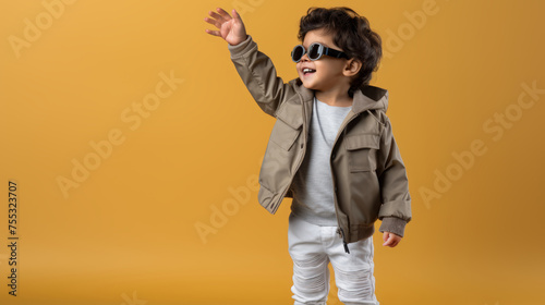 Generative AI image of a little boy use backpack looking at side with hand pointing gesture, inviting creative promo ideas in solid color white studio background