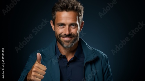 Generative AI image of a man with an inspiring spirit hand gesture, this man is positioned on the right side so that the left side is empty for add text space, on solid blue studio background.