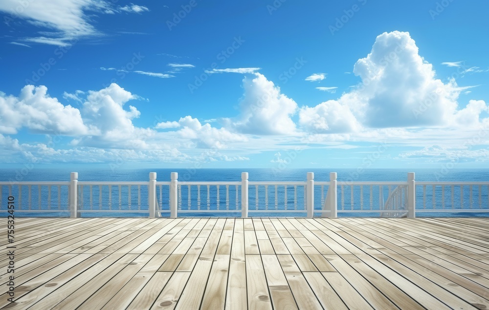 Generative AI image of Beautiful, serene, wooden deck with stunning ocean view