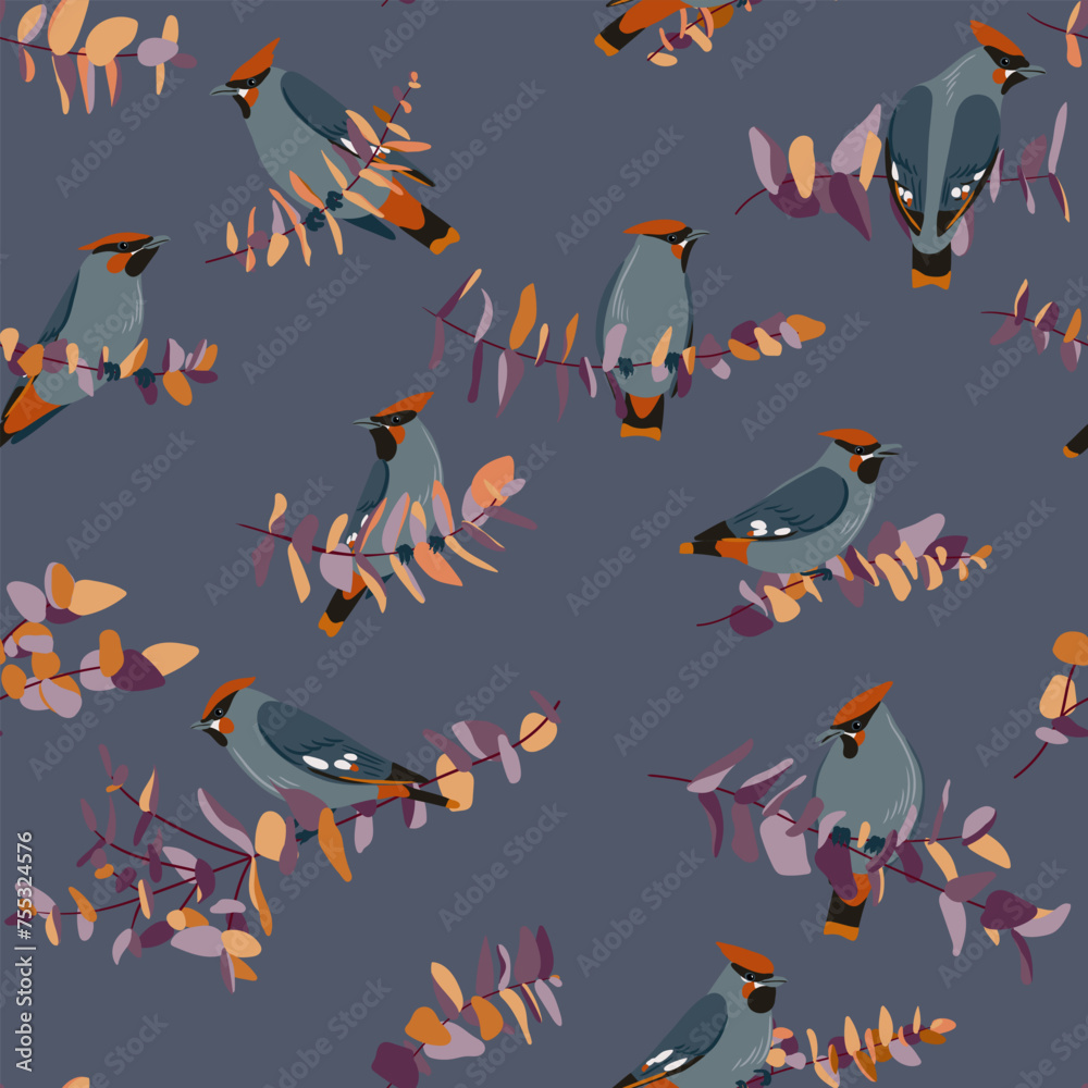 Fototapeta premium vector seamless pattern with drawing birds and tree branches with leaves, hand drawn waxwings, set of isolated nature design elements
