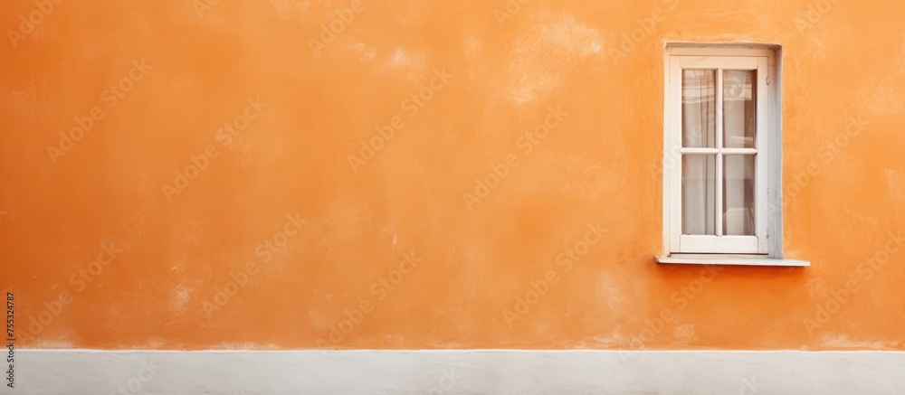 Fototapeta premium An orange building with a white vintage window stands prominently, complemented by a simple bench in front. The contrast between the bright orange facade and the pristine white window creates a