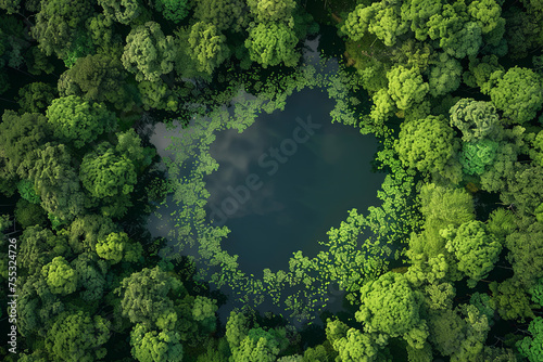Aerial view of a forest with a lake in the middle for text