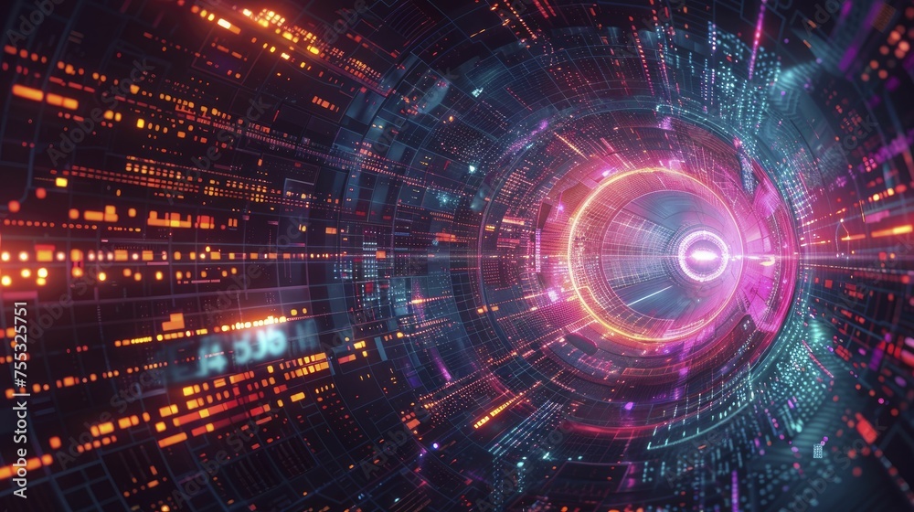 Obraz premium An abstract design symbolizing the complex ecosystem of AI governance, with various forces and stakeholders interacting, neon tone, digital graphic technology style.