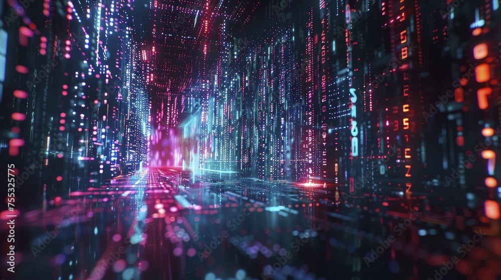 An animation illustrates personal data shifting to an encrypted form for AI review, featuring neon hues and digital effects.