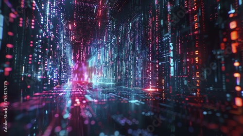 An animation illustrates personal data shifting to an encrypted form for AI review  featuring neon hues and digital effects.