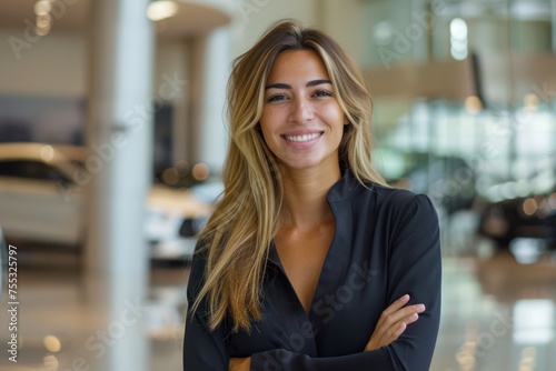 Professional luxury car saleswoman in luxury showroom. Auto dealership office. Car dealer business. Smiling woman in showroom. Expensive car. Automotive industry. Luxury car agent. © 2D_Jungle
