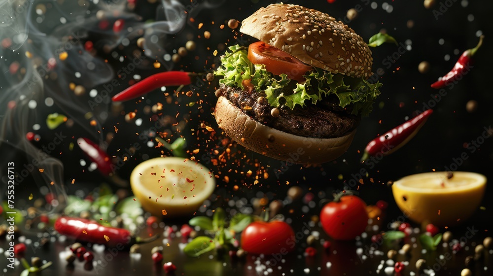 Hamburger floating in the air with spices, lemons, chilies in a black studio lighting.