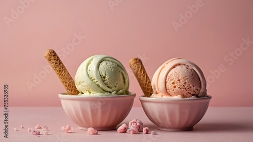 diffrent flawer ice-cream scopes in bowl isolated on light pink background photo