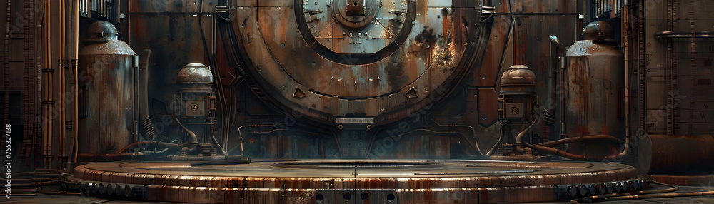 Obraz premium Aged Plasmic Energy Installation Radiating with Subtle Hues in a Vintage Sci-Fi Setting
