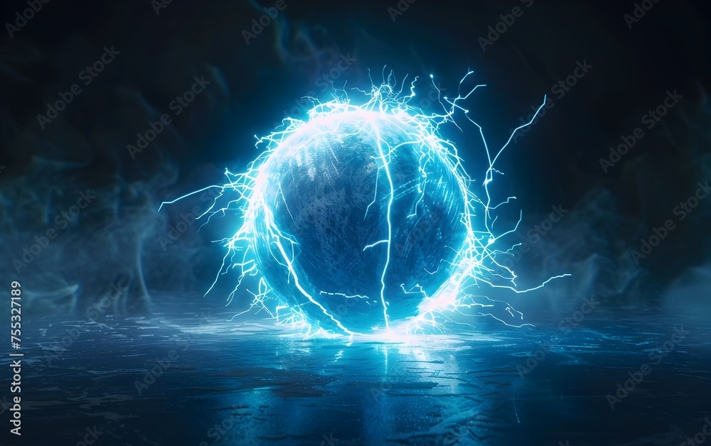 Blue Lightning Sphere Glowing with High Energy in Mysterious Dark Foggy Environment Blue Lightning Sphere Glowing with High Energy in Mysterious Dark Foggy Environment