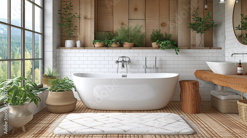Nordic white bathroom with a bathtub  fluffy towels  and bath accessories  all in the Scandi Living style.