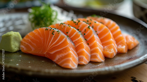 Salmon slices with pickled ginger and wasabi on Japanese-inspired plating, close-up capturing the details of salmon, minimalist styling. Food photography.