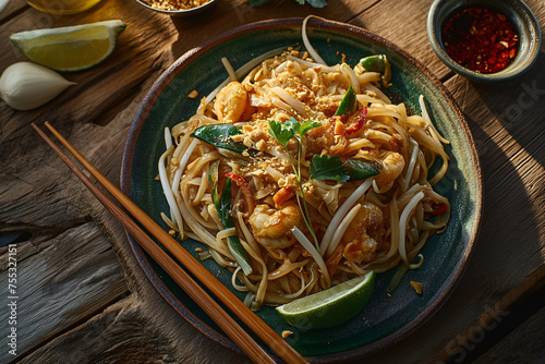 Pad Thai, is one of the world’s most beloved noodle dishes, made with rice noodles, shrimp, peanuts, a scrambled egg, and bean sprouts. the streets food of Thailand, food photo.