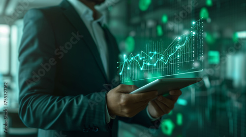 Businessman analyzing company's financial balance sheet working with digital augmented reality graphics. Businessman use a tablet to calculate financial data for long-term investment.