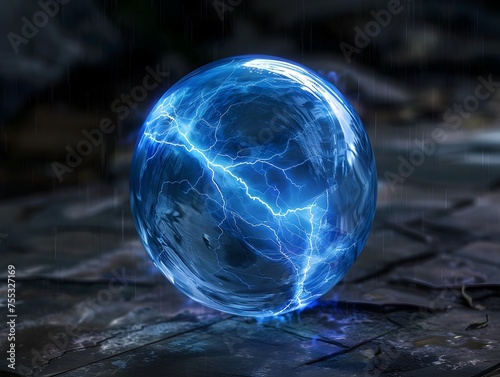 Blue Glowing Sphere of Lightning Energy Floating Above Cracked Stone in Fantasy Style