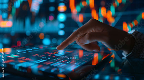 Captivating stock market showcasing business growth, businessman's hand analyzing stock financial trends with digital augmented reality graphics. Investment strategies and financial analysis.
