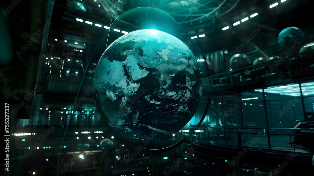Futuristic Laboratory Setting Showcases 3D Globe Representing Renewable Energy in Space
