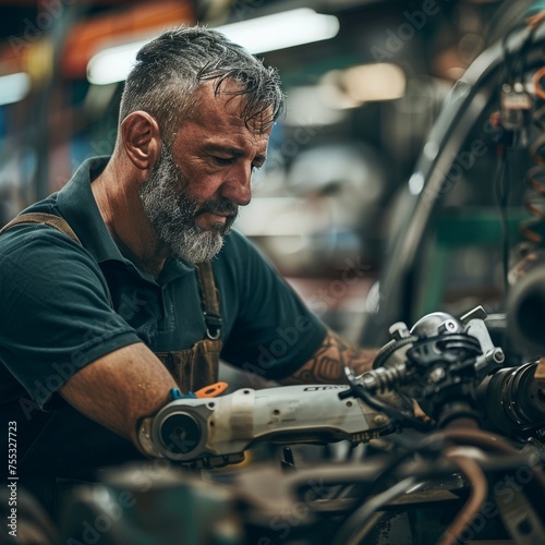 Confident 50-years old man with a prosthetic limb working in a car repair shop, he is professional, engaged in work-related tasks photo