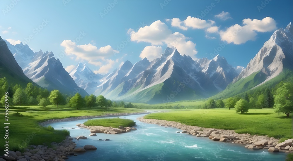 A serene landscape with a peaceful river winding through lush green forests, surrounded by majestic mountains and a clear blue sky.
