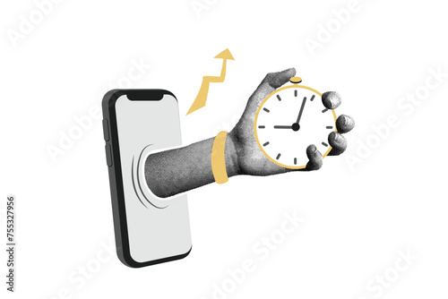 Trendy halftone collage. Hand from phone with alarm clock, stopwatch. The fastest offer on the market. Transportation logistics on time. Special offer, discounts