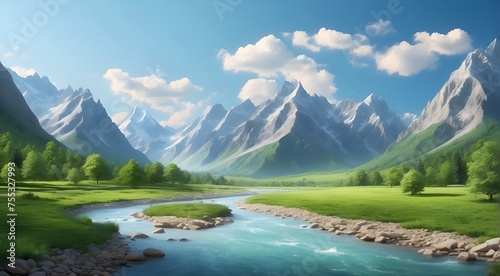 A serene landscape with a peaceful river winding through lush green forests, surrounded by majestic mountains and a clear blue sky.