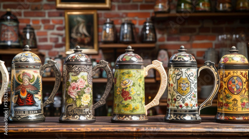 A row of colorful beer steins each one decorated with different designs and sold as collectible souvenirs.