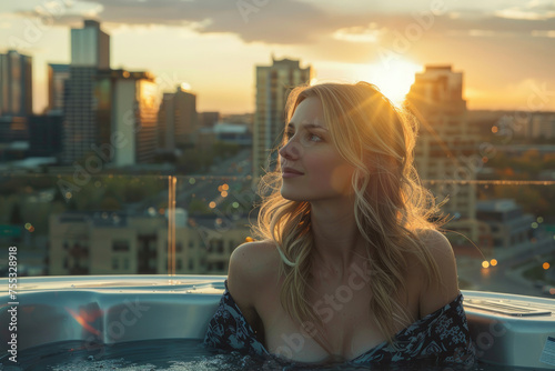 A model enjoying a spa hot tub during twilight with last sun rays and busy city skyline in background