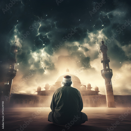 Muslim sheikh praying in front of mosque at night photo