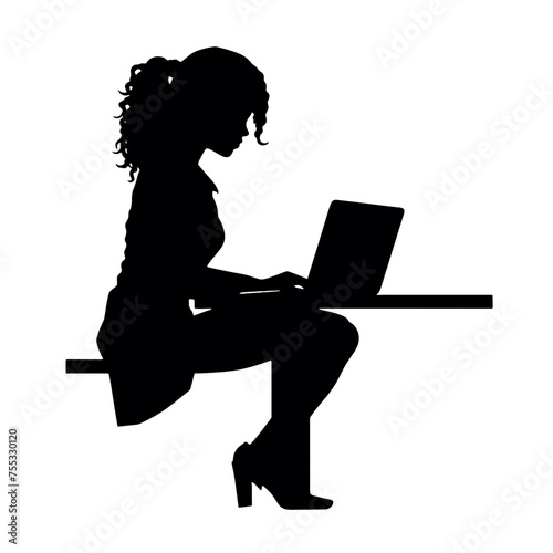 Vector silhouette of Girl sitting  with a laptop. silhouette vector illustration.
