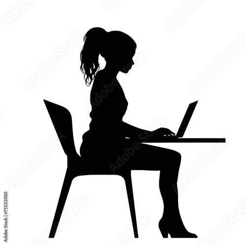 Vector silhouette of Girl sitting  with a laptop. silhouette vector illustration.