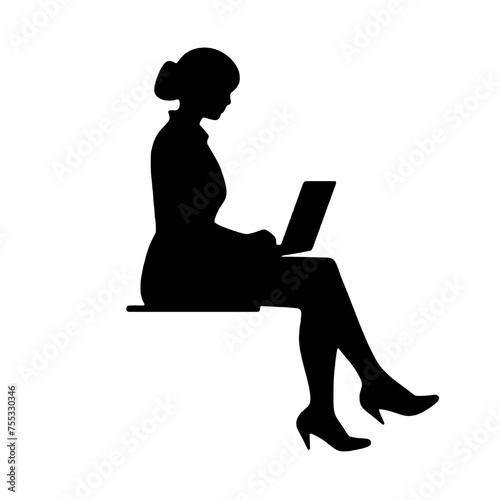 Vector silhouette of Girl sitting  with a laptop. silhouette vector illustration.