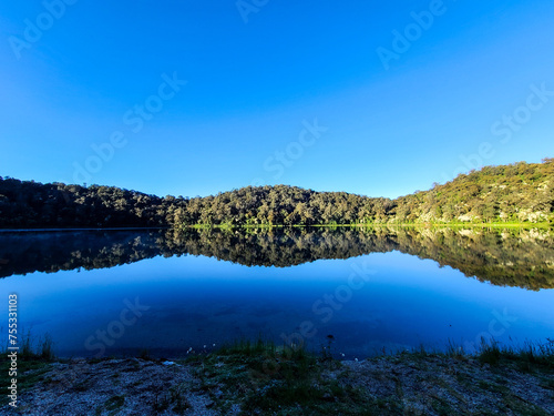 reflection of trees and sky in the Chikabal lagoon, in Guatemala 
