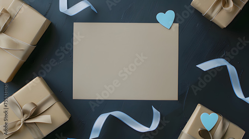 top dow view of a men's motif table, with gift packages and ribbons, mockup